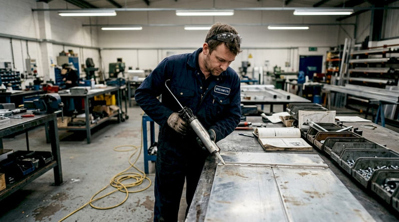 Technician applying industrial glue in workshop