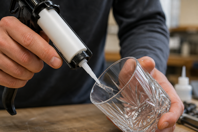 Tradesperson applying glass glue to a crystal repair