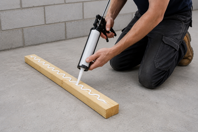 Tradesperson applying wood to concrete adhesive to a timber batten on a prepared concrete slab