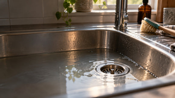Kitchen sink with slow draining water, a sign of a blocked drain