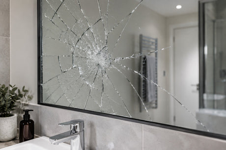 Broken bathroom mirror held together with mirror safety backing film