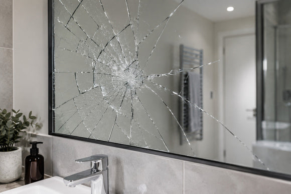 Broken bathroom mirror held together with mirror safety backing film