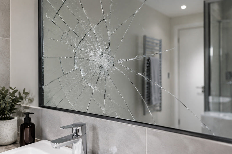 Broken bathroom mirror held together with mirror safety backing film