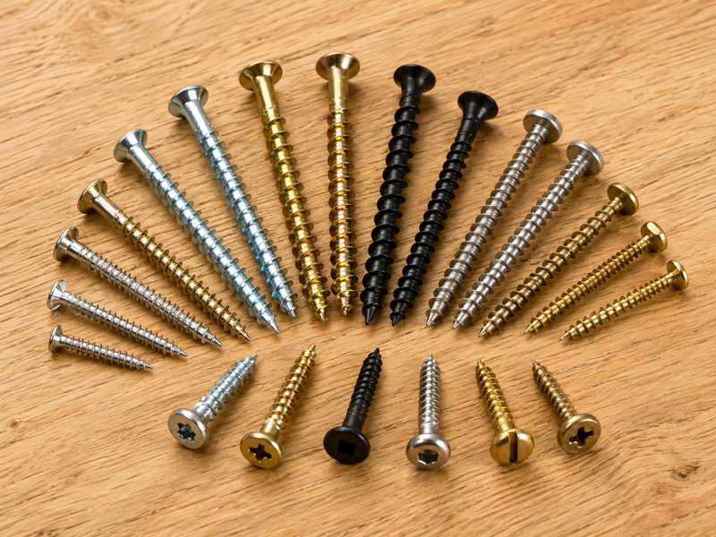 Assortment of wood screws in different sizes, head types and finishes on a workbench