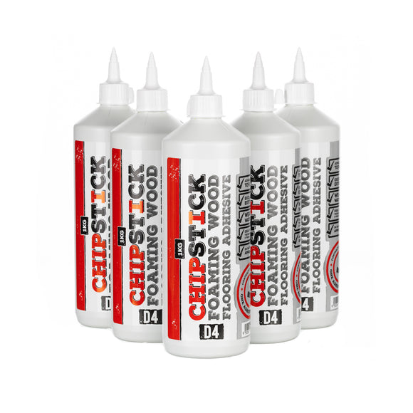 Set of five 1kg Chipstick D4 foaming wood flooring adhesive bottles arranged in a staggered row.